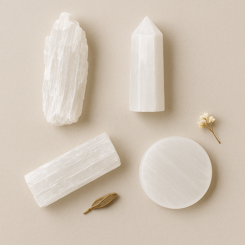 Various white minerals and stones, including a large rough crystal, a tall pointed crystal, a rectangular crystal, a circular stone, a small dried flower, a tiny white flower, and a small dried seed, all arranged on a beige background.