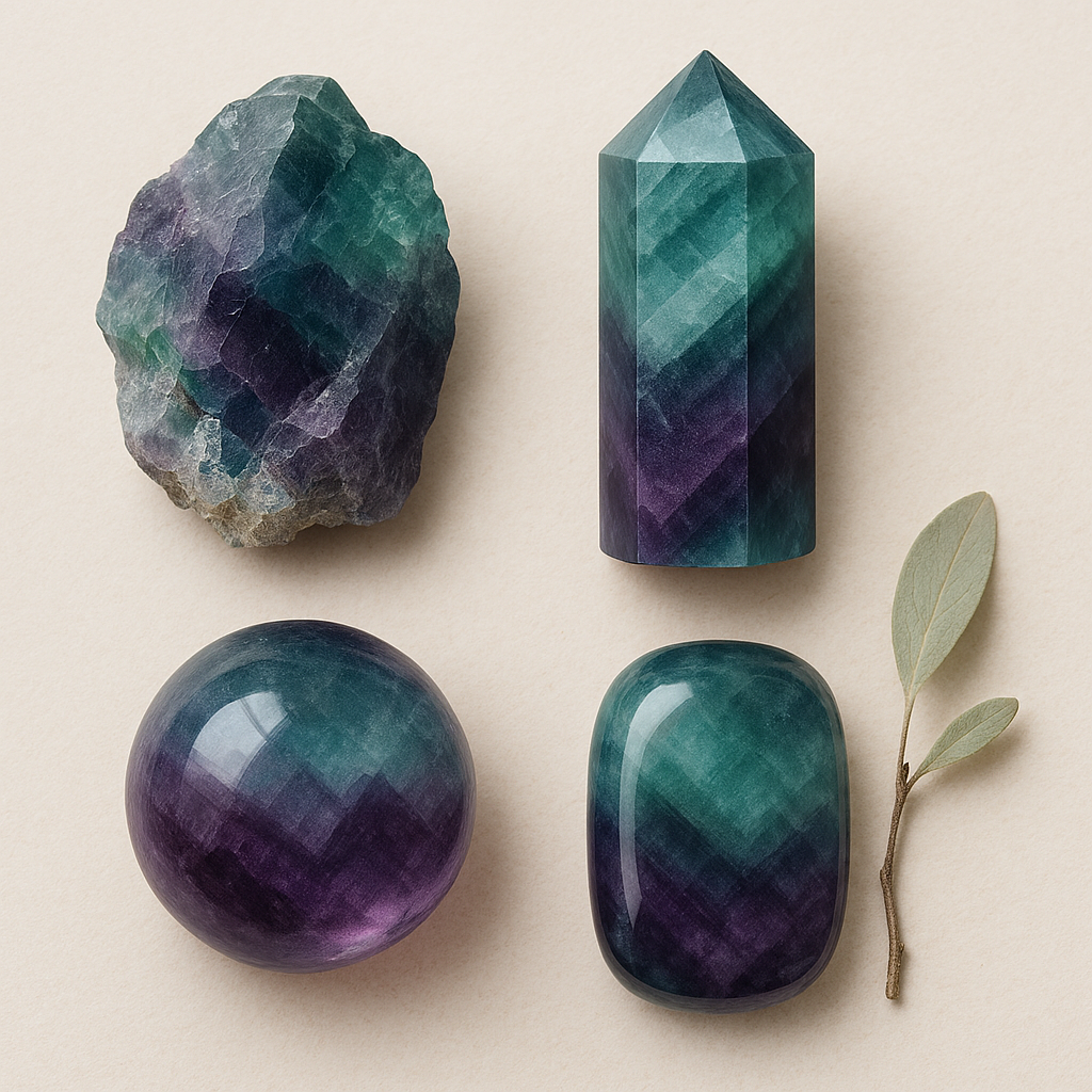 Four polished and unpolished stones with a gradient pattern of colors including green, purple, and black, along with a small branch with two green leaves.