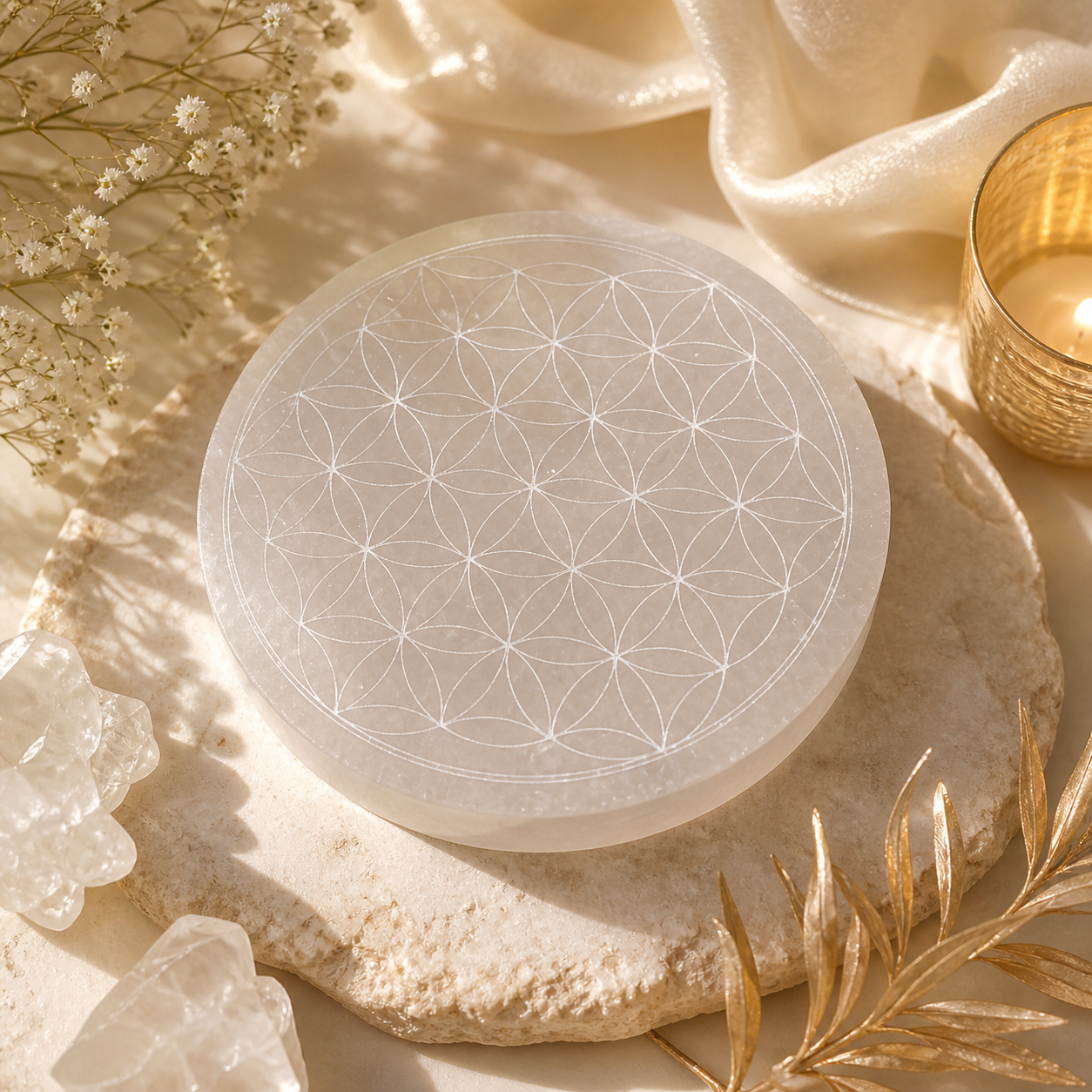 Selenite Charging Plate – Flower of Life (3")