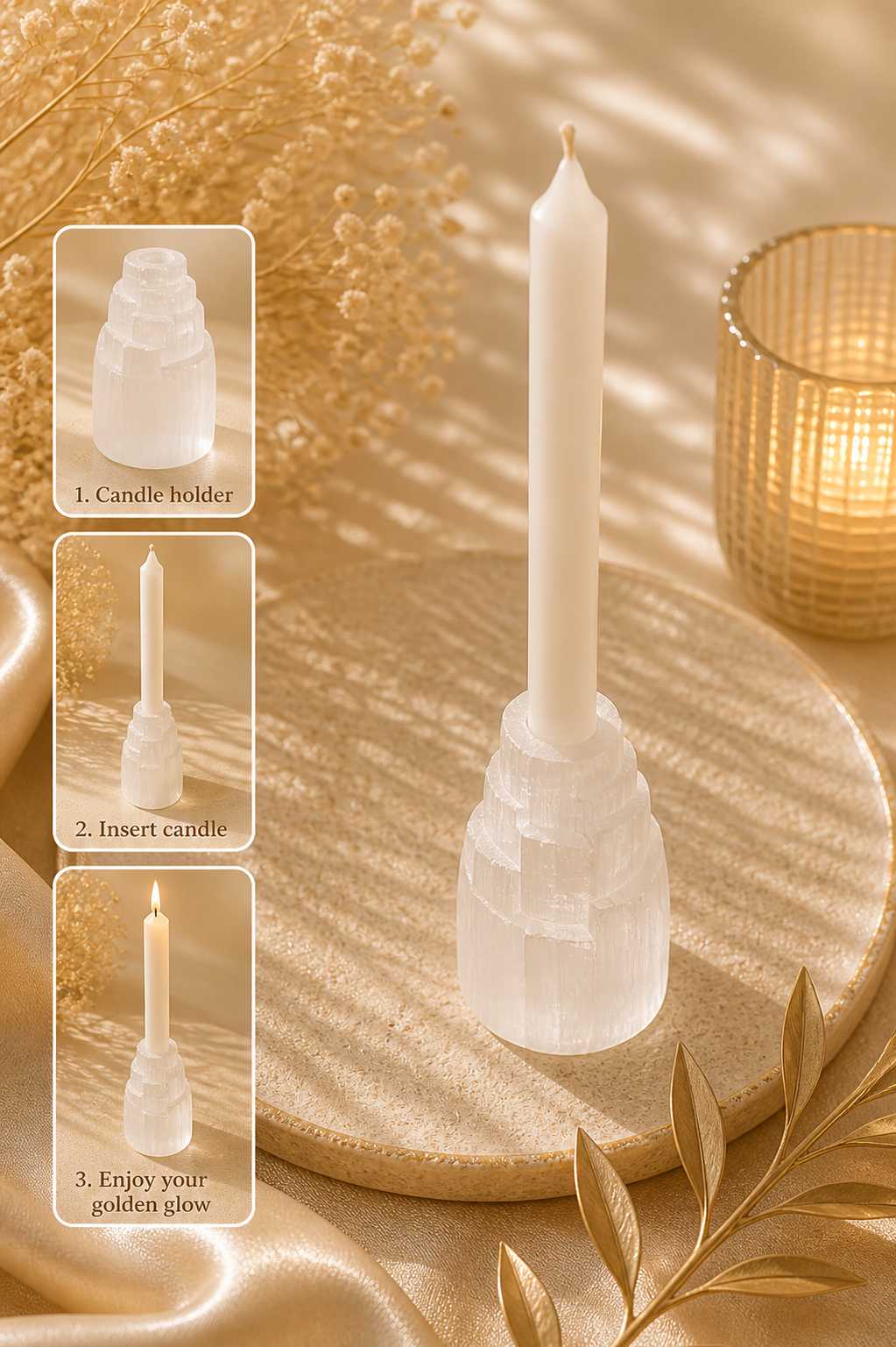 Selenite Candle Holder – Iceberg Glow for Cleansing & Intention