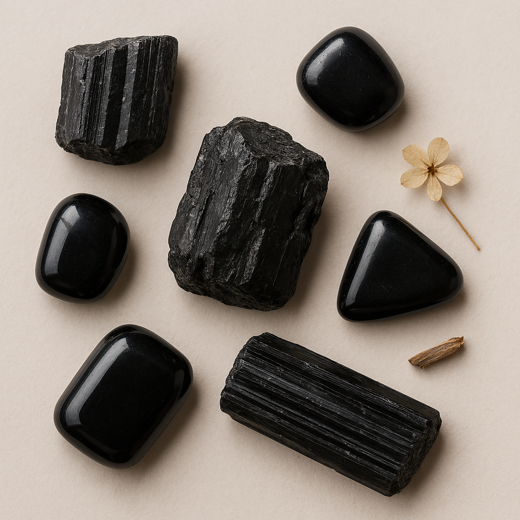 Collection of black stones and a small dried flower on a beige background.