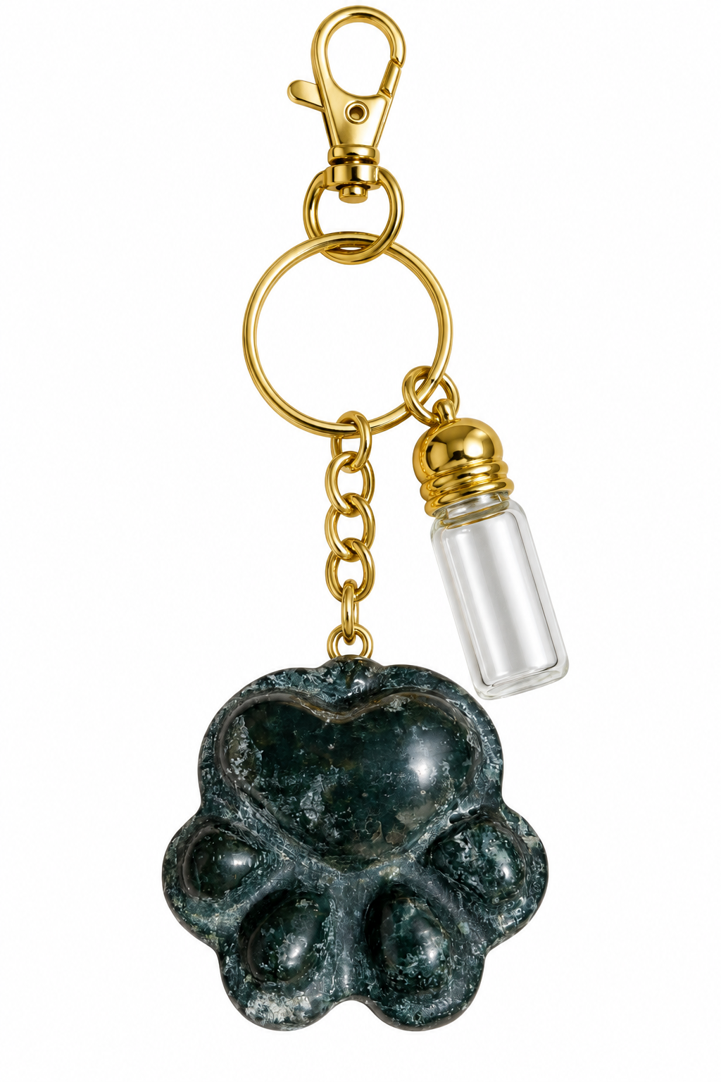Moss Agate Pawprint Keeper Memorial Keychain & Keepsake Vial