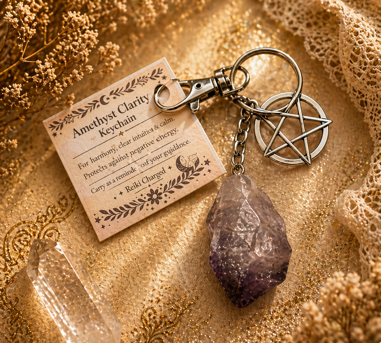 Raw Amethyst Pentacle Keychain