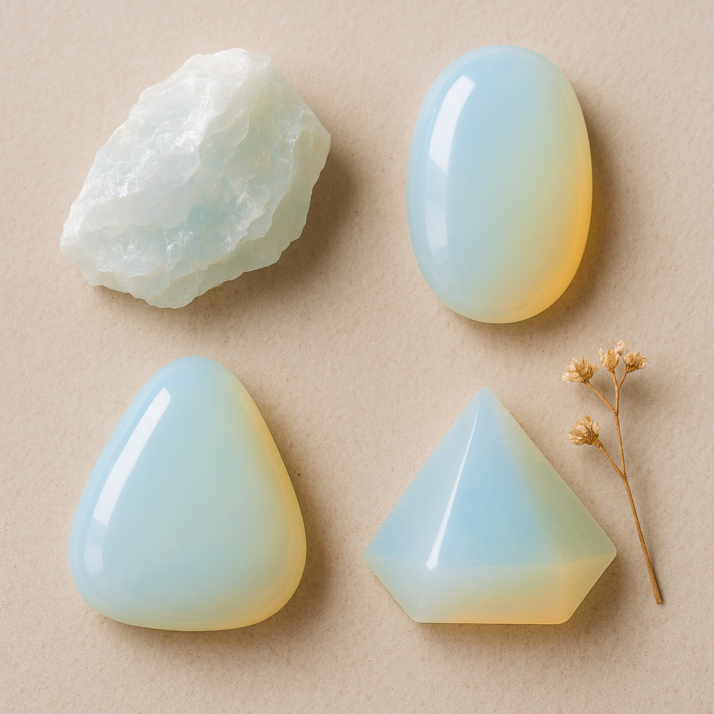 Light blue and yellow opalite gemstones with a clear quartz stone and a small dried flower on a beige background.