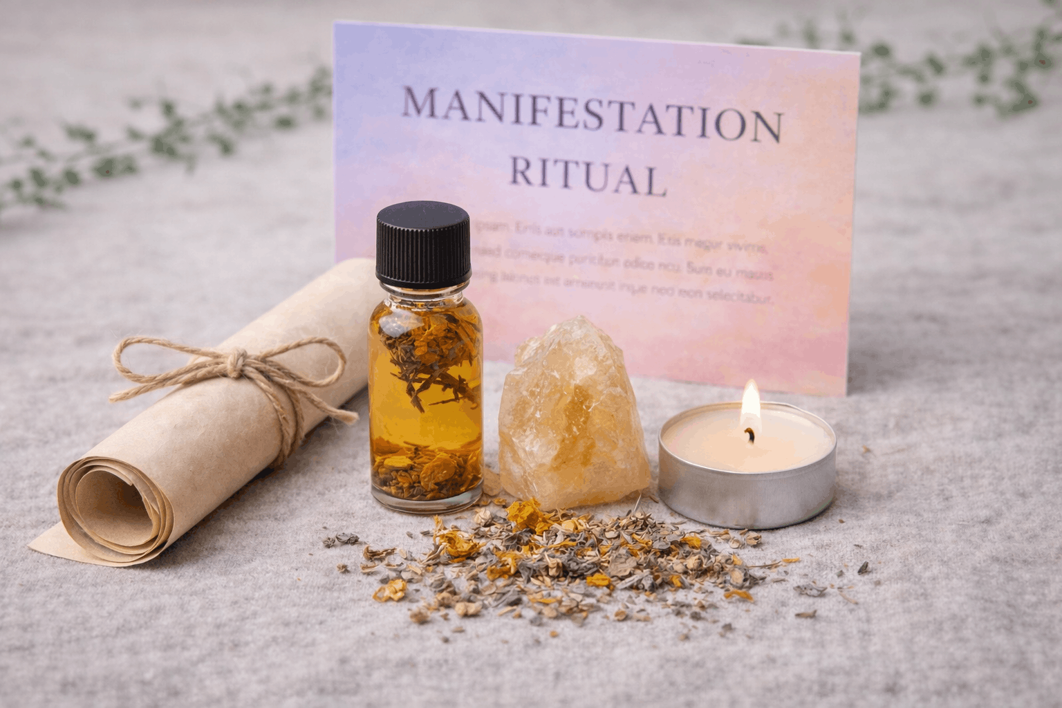 A collection of items used for a manifestation ritual, including a rolled scroll tied with string, a small bottle of oil with herbs inside, a large crystal, a lit candle, and a pink and purple sign with the words 'Manifestation Ritual' written on it.