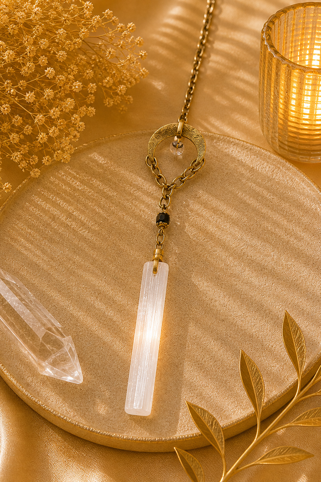 Threshold Cleansing Pendulum Selenite Wand • Obsidian • Herkimer Diamond