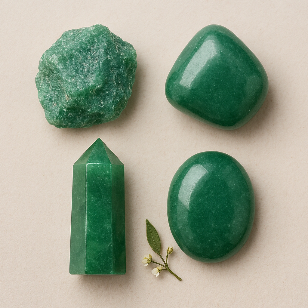 Green stones and crystals of different shapes and sizes on a light beige background, with a small sprig of white flowers and green leaves.