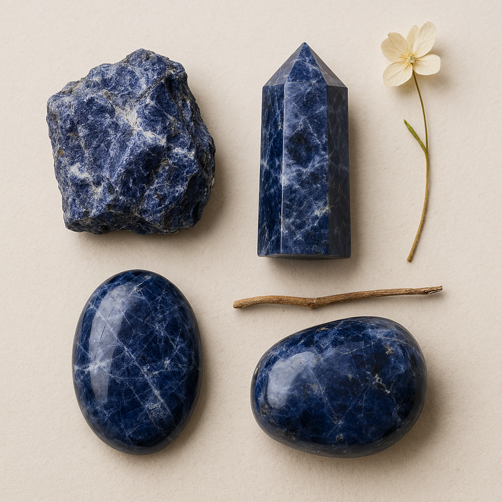 Collection of five blue stones, a small dried flower, and a small twig on a beige background.