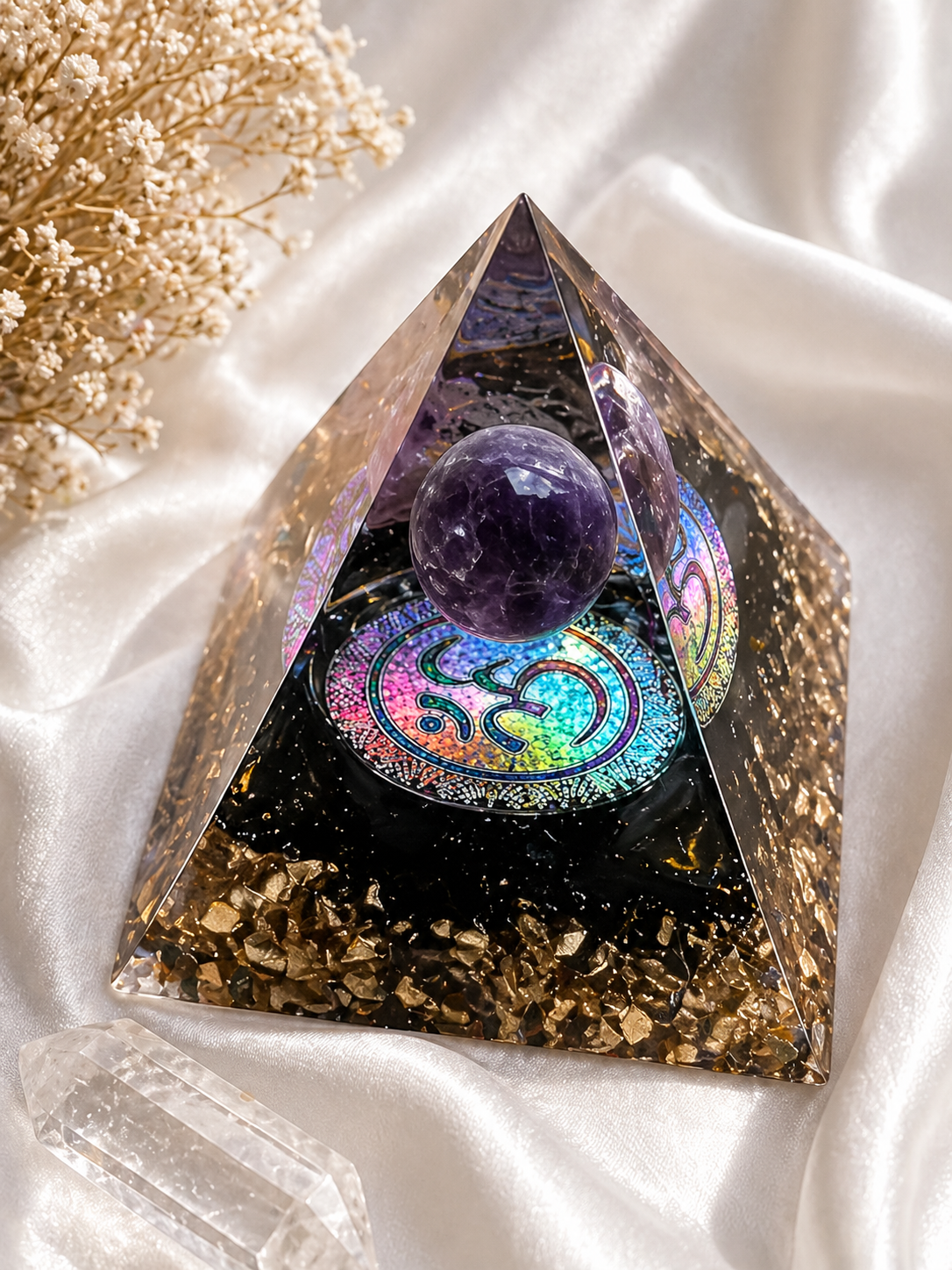 Amethyst Sphere Orgonite Pyramid with Black Tourmaline & Om – Protection & Higher Awareness (2")