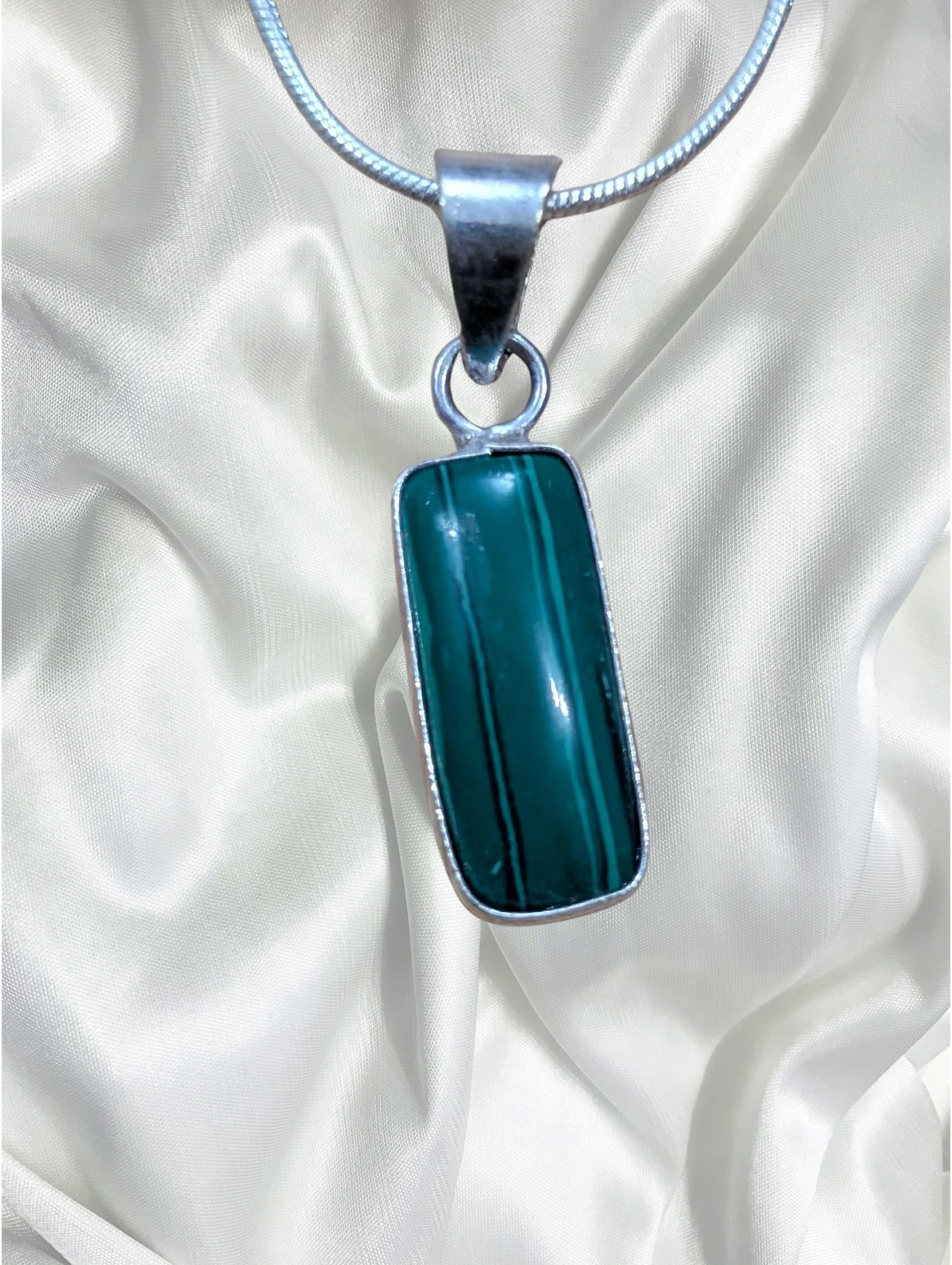 Malachite rectangular Sterling Silver Pendant – Chain Included