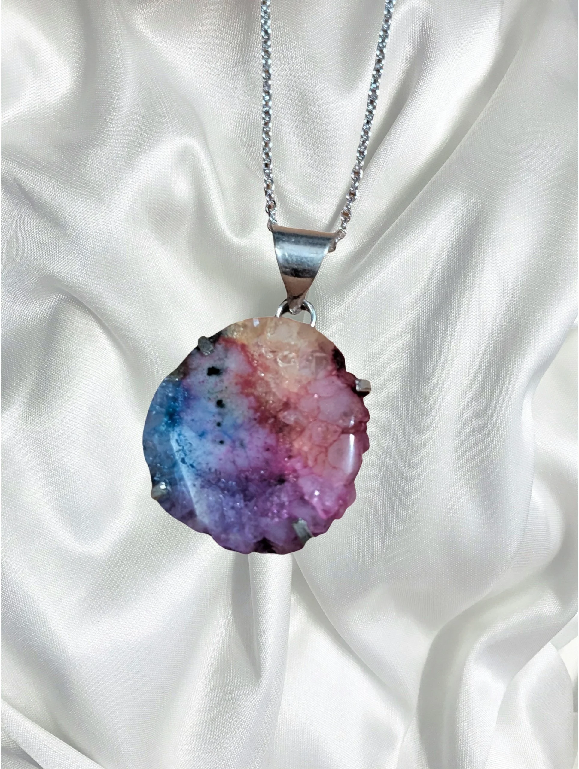 Solar Quartz Sterling Silver Pendant – Natural Druzy Crystal Slice Necklace