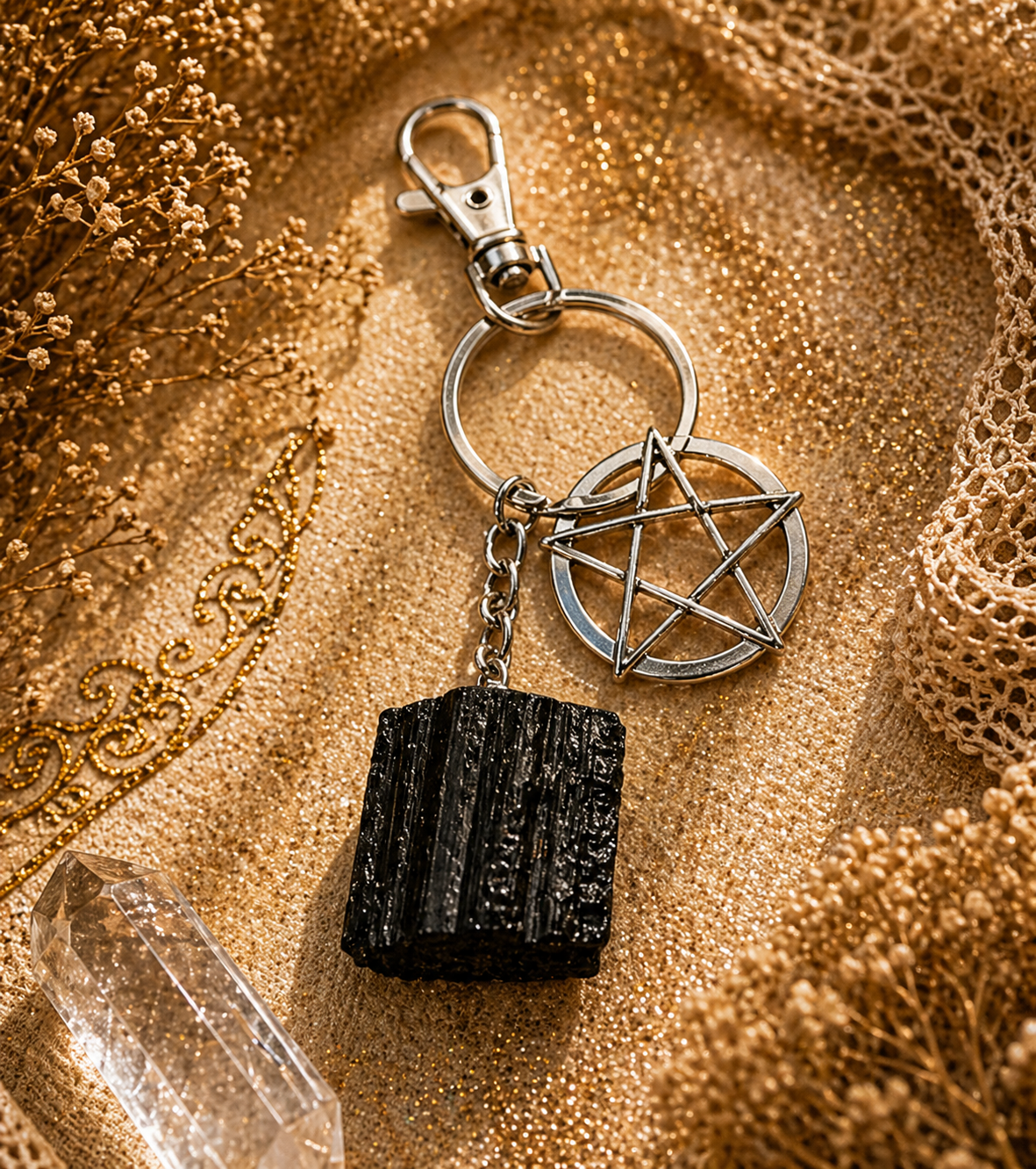 Raw Black Tourmaline Pentacle Keychain