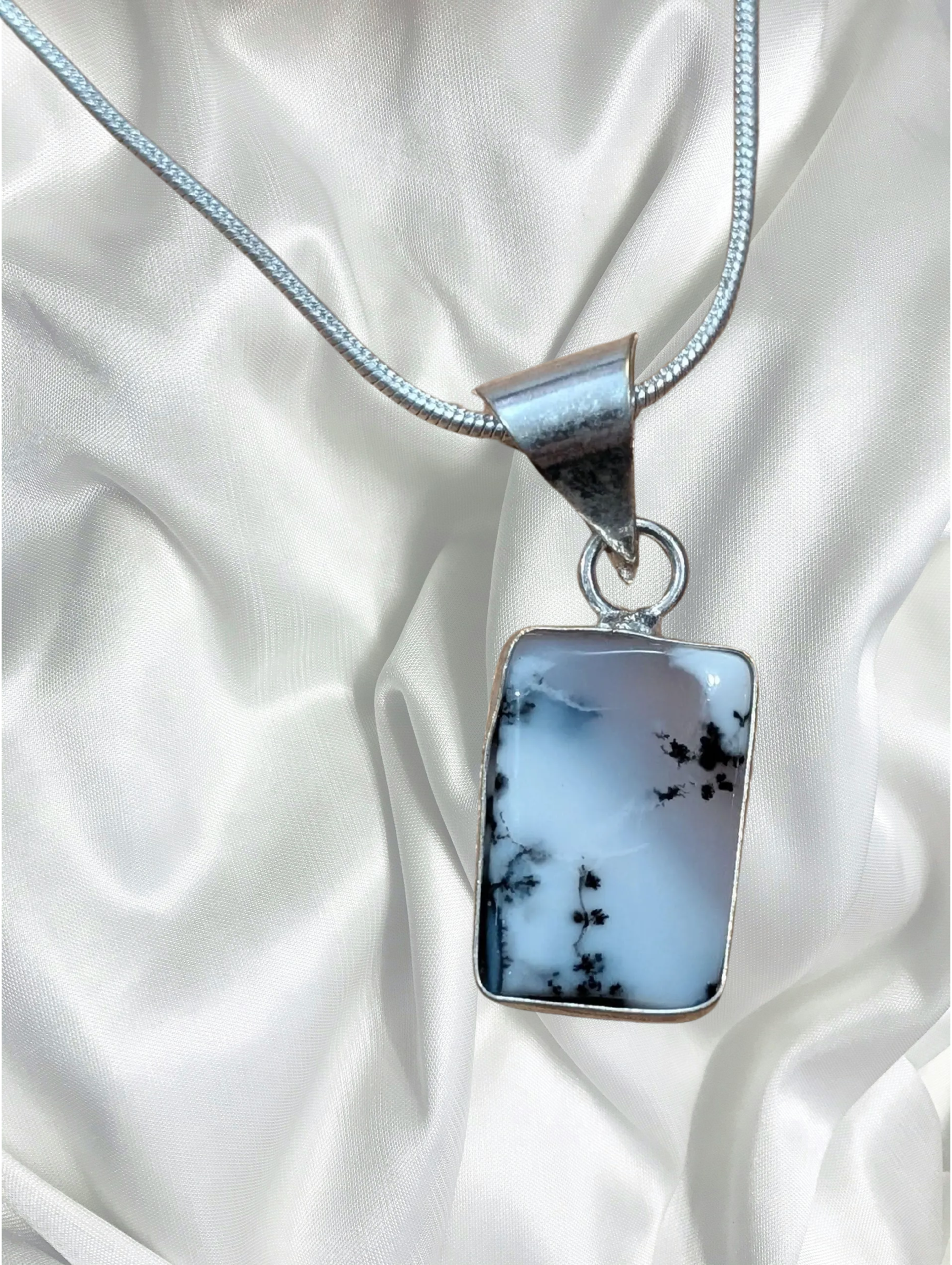 Dendritic Agate Sterling Silver Pendant – Chain Included