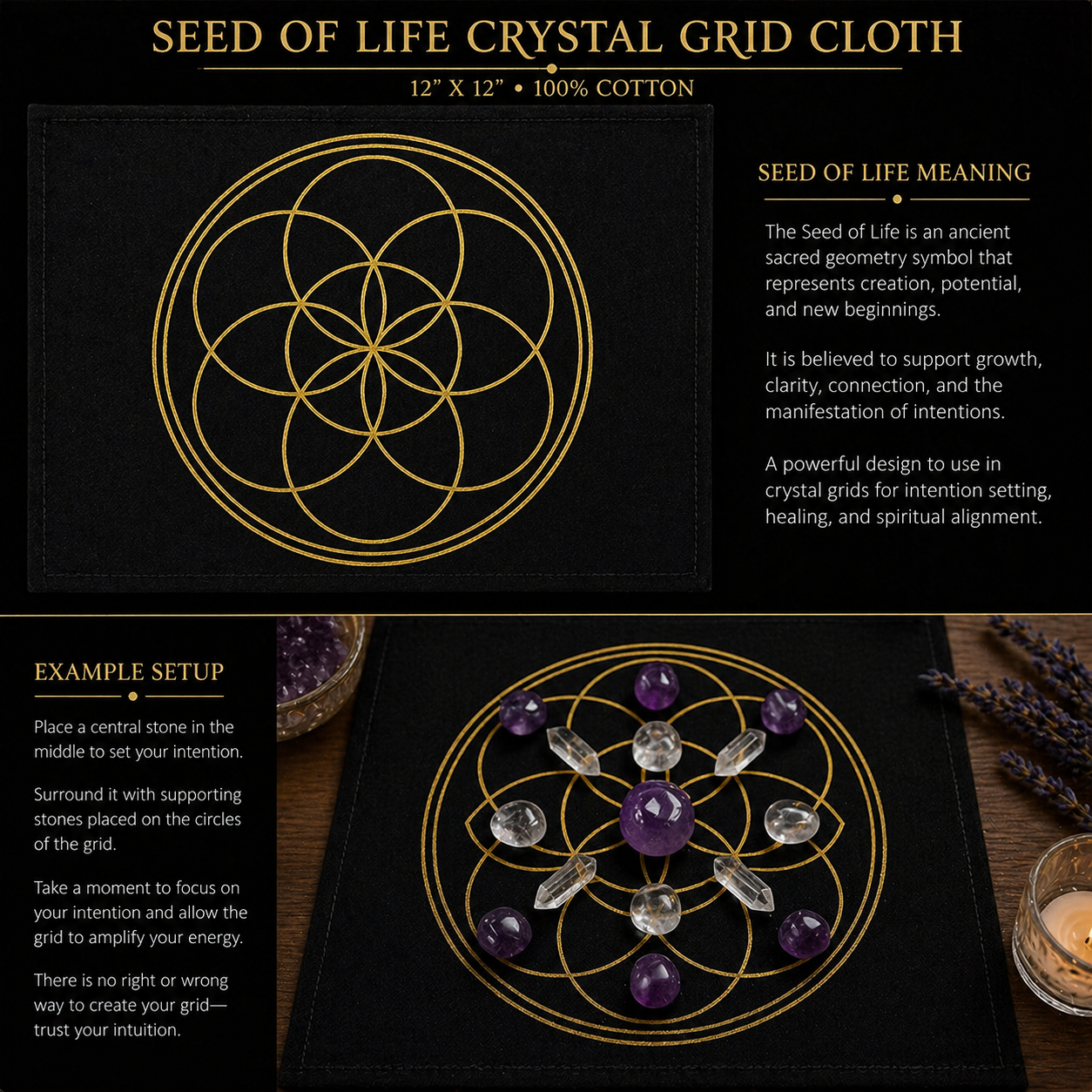 Seed of Life Crystal Grid Cloth – Black Cotton (12" x 12") (Copy)