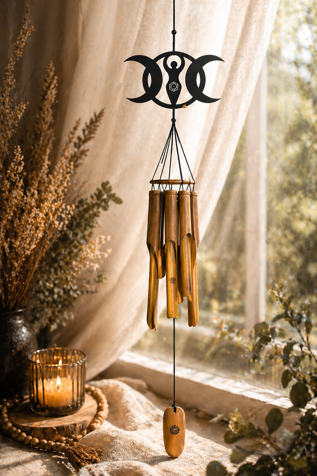 Triple Moon Goddess Bamboo Wind Chime – 22″ Celestial Decor