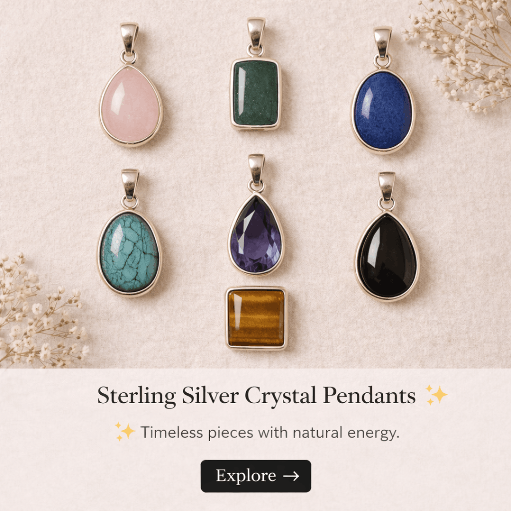 Collection of six sterling silver crystal pendants with different colored stones, displayed on a neutral background with floral accents and a promotional banner at the bottom.