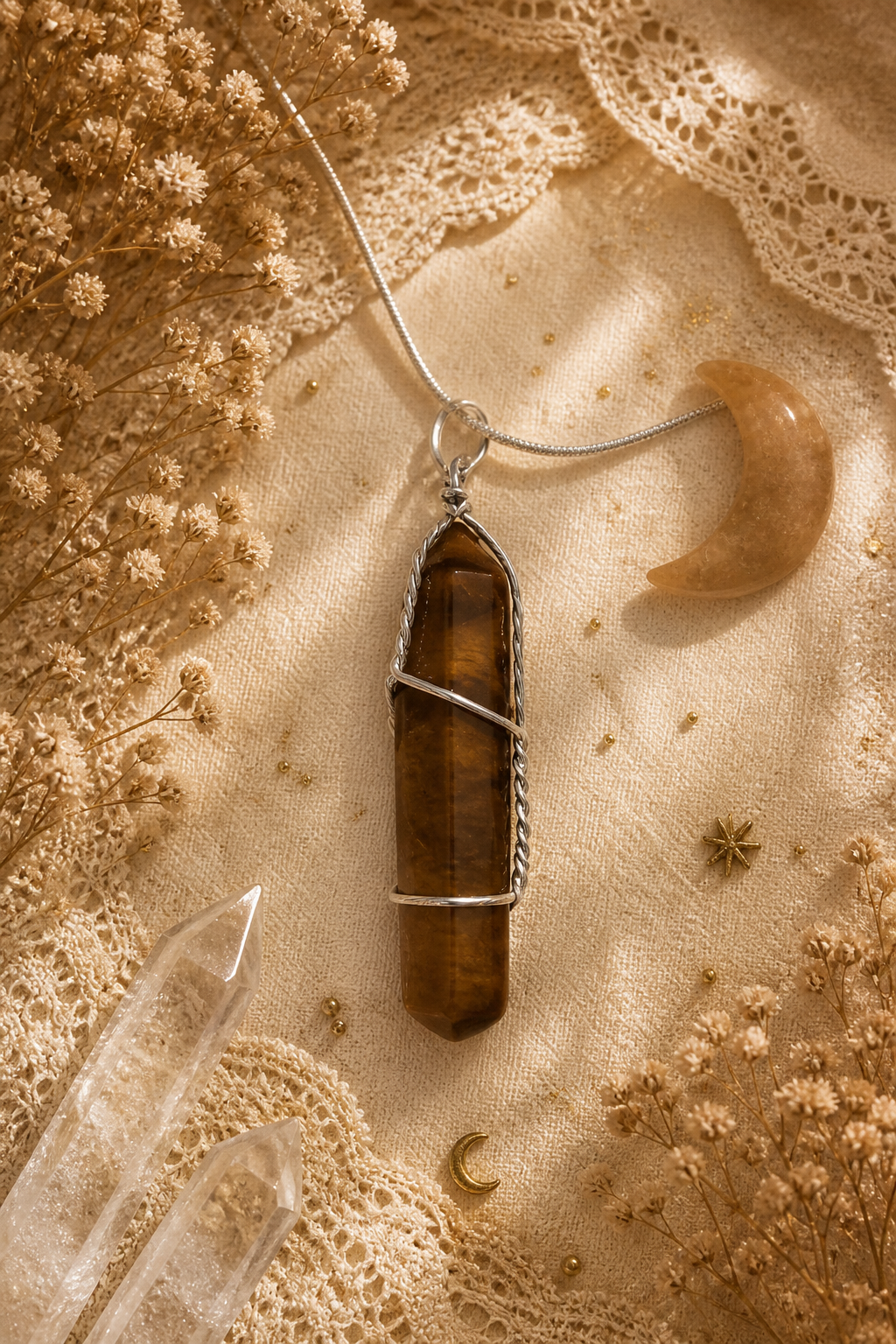Tiger’s Eye Wire-Wrapped Point Pendant Necklace  ✨ Grounding • Clarity • Vitality