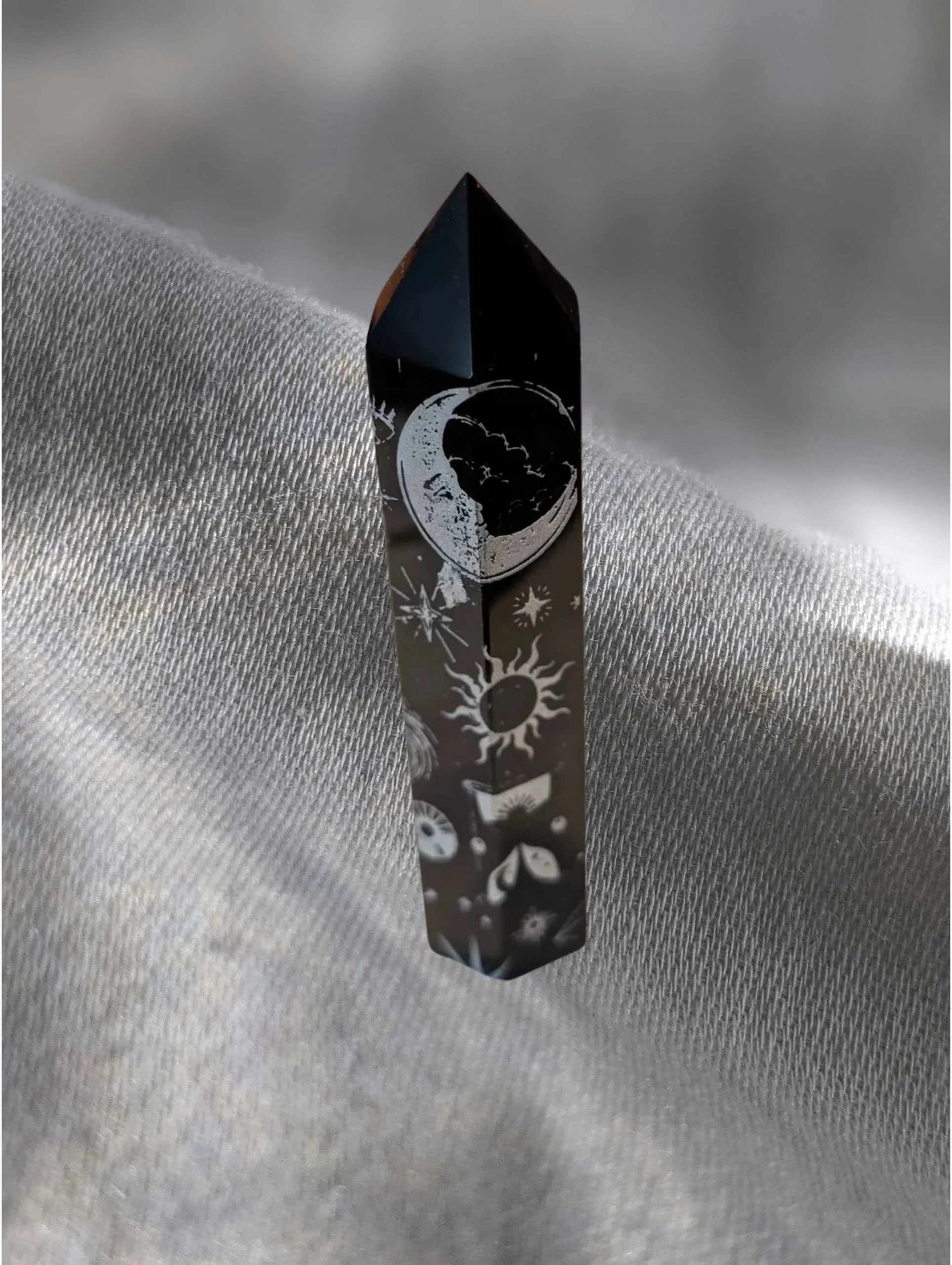 🌜🖤Black Obsidian Celestial Point (4" x 1.1") – Frequency Shield & Energetic Anchor