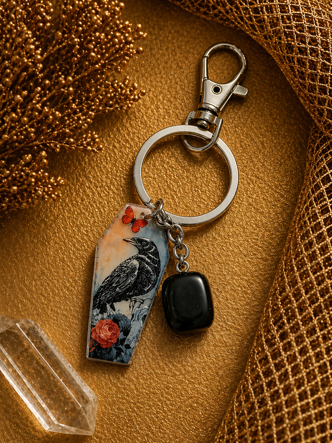 🐦‍⬛ Crow Obsidian Guardian Keychain – Protection • Insight • Strength