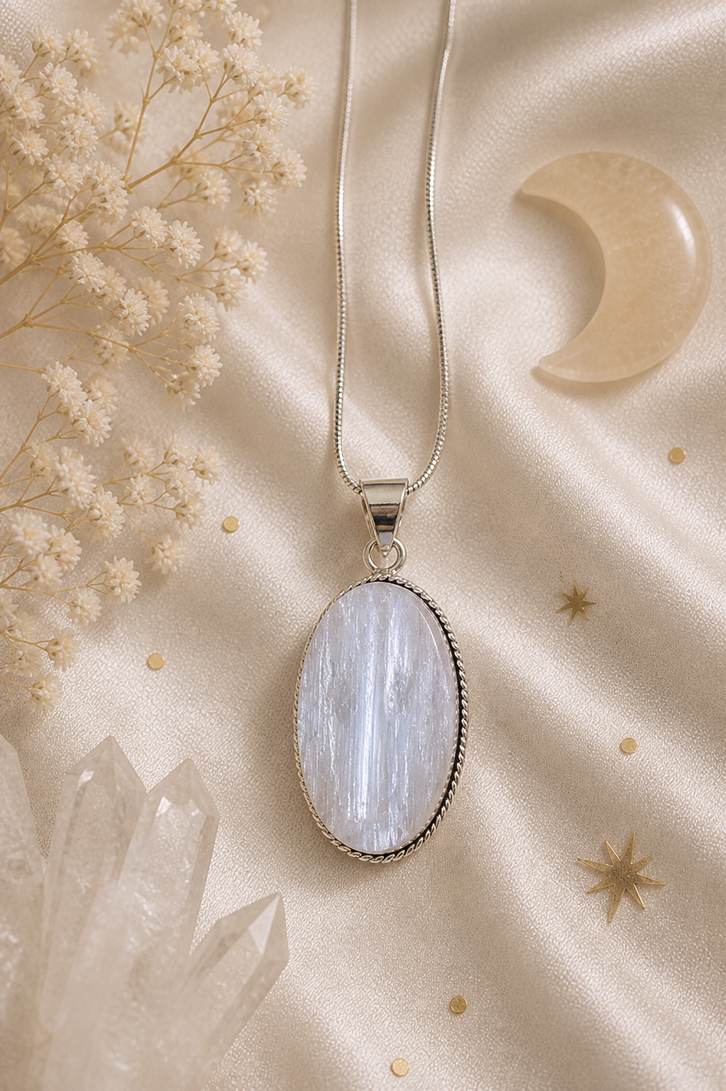 Sterling Silver Oval Selenite Pendant – Clarity, Calm & Light