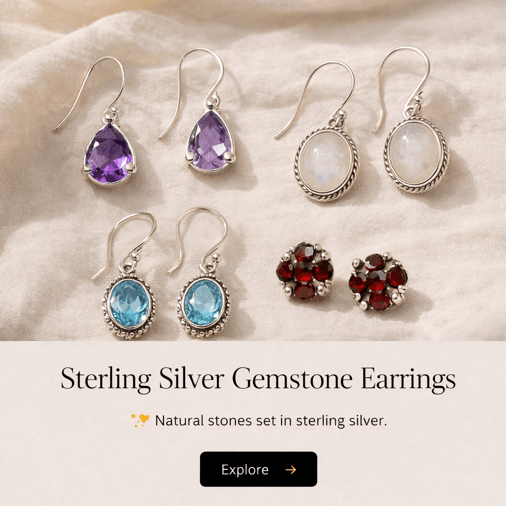 Three pairs of sterling silver gemstone earrings with purple, white, blue, and red stones displayed on a beige fabric surface.