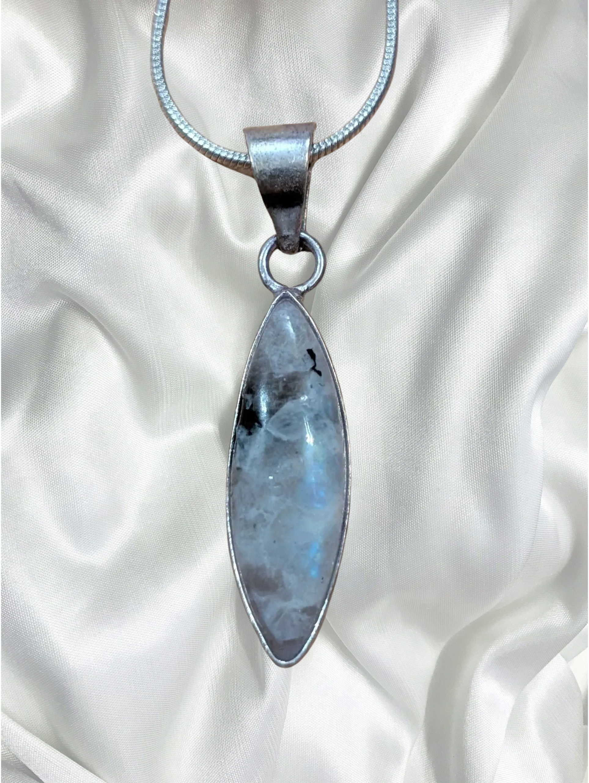 Rainbow Moonstone Marquise Sterling Silver Pendant – Chain Included