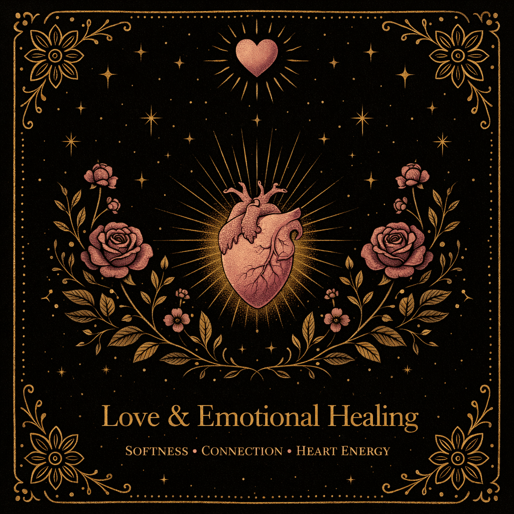 A decorative card with a dark background and gold lettering that reads 'Love & Emotional Healing' and includes words 'Softness,' 'Connection,' and 'Heart Energy.' The central image is an anatomical heart with a butterfly on top, surrounded by floral patterns and stars, conveying themes of love and emotional healing.