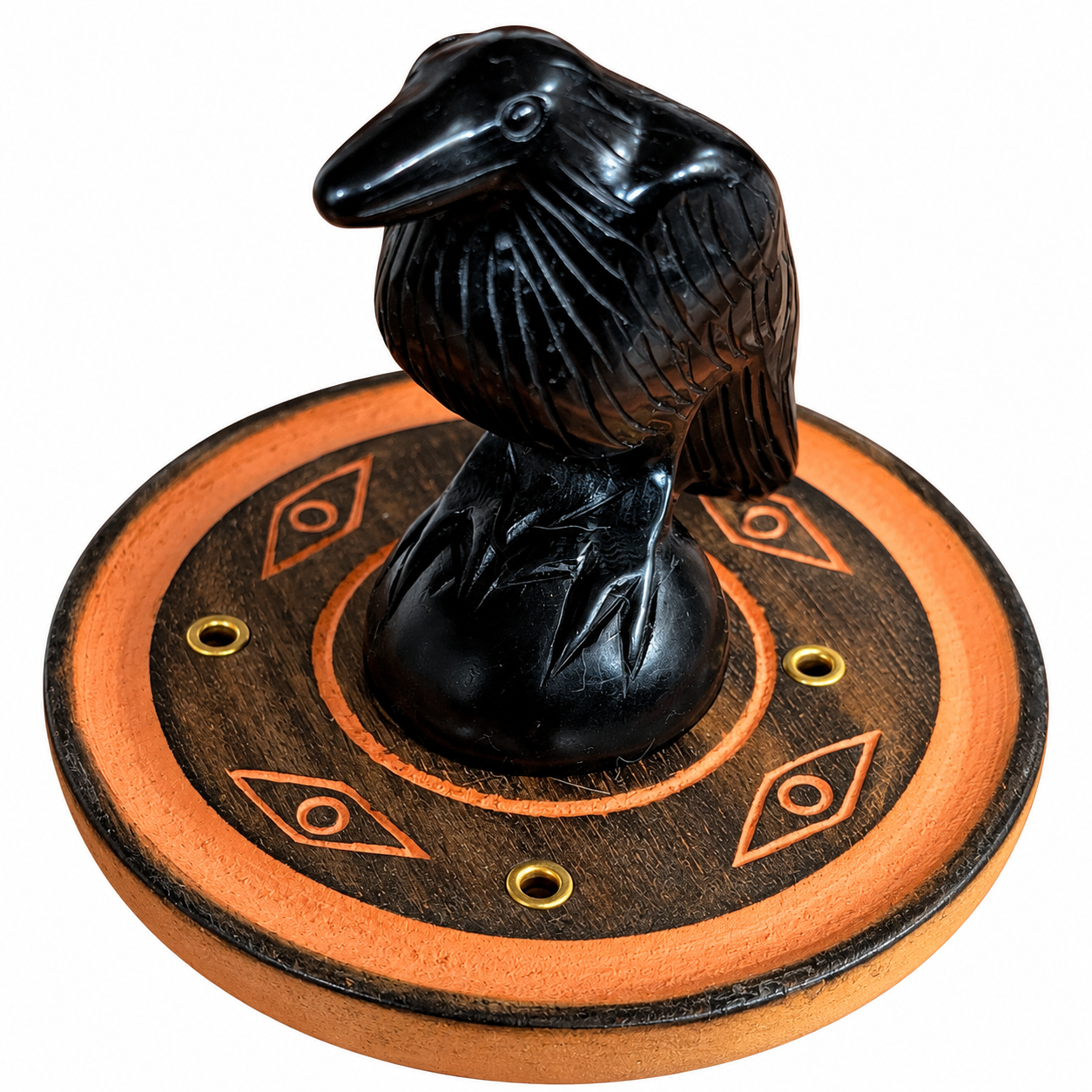 Carved Raven Incense Holder on Terracotta Disk.png
