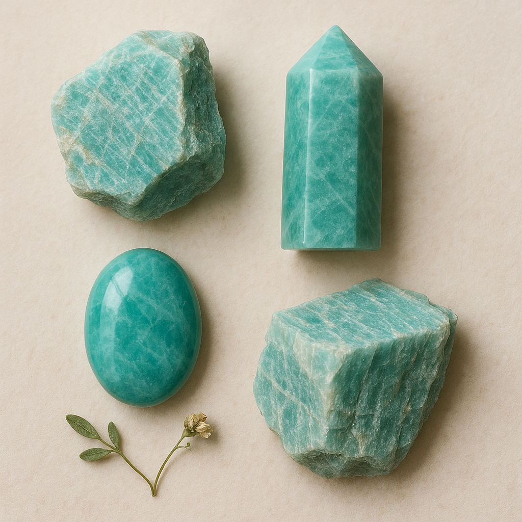 Four turquoise gemstones of various shapes and sizes, with a small sprig of greenery below on a beige surface.