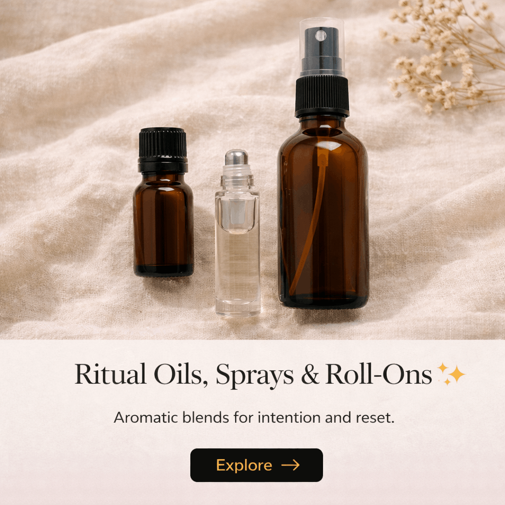 Three bottles of ritual oils, sprays, and roll-ons placed on a soft fabric surface with dried flowers in the background, and a section of promotional content reading 'Ritual Oils, Sprays & Roll-Ons. Aromatic blends for intention and reset.' with an '
