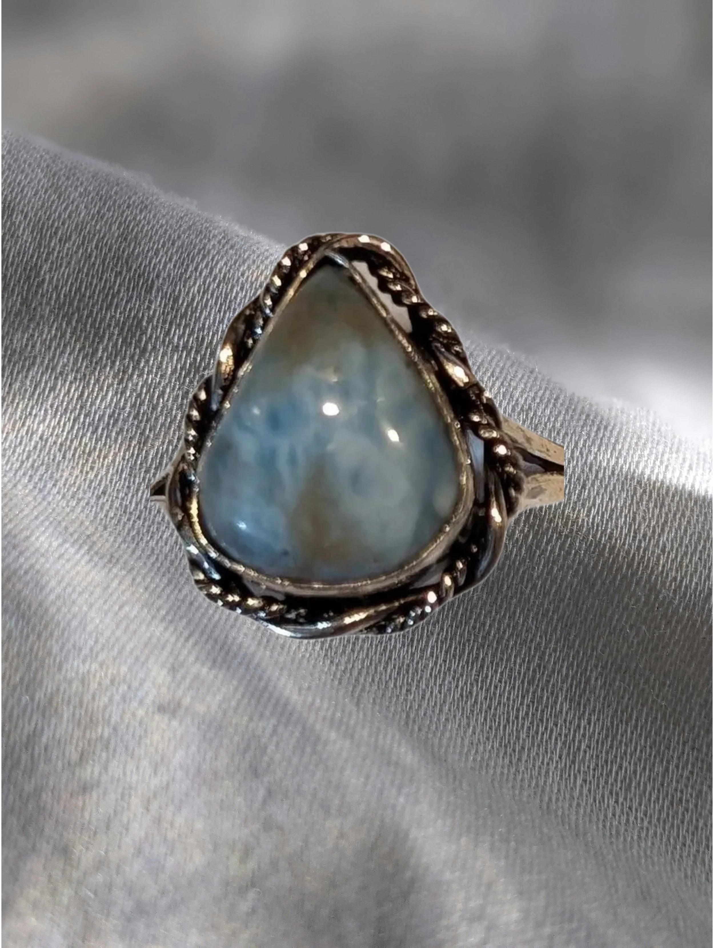 🤍 Larimar Pear-Shaped Sterling Silver Ring (Size 7.5)  ✨ Calm • Clarity • Ocean Energy