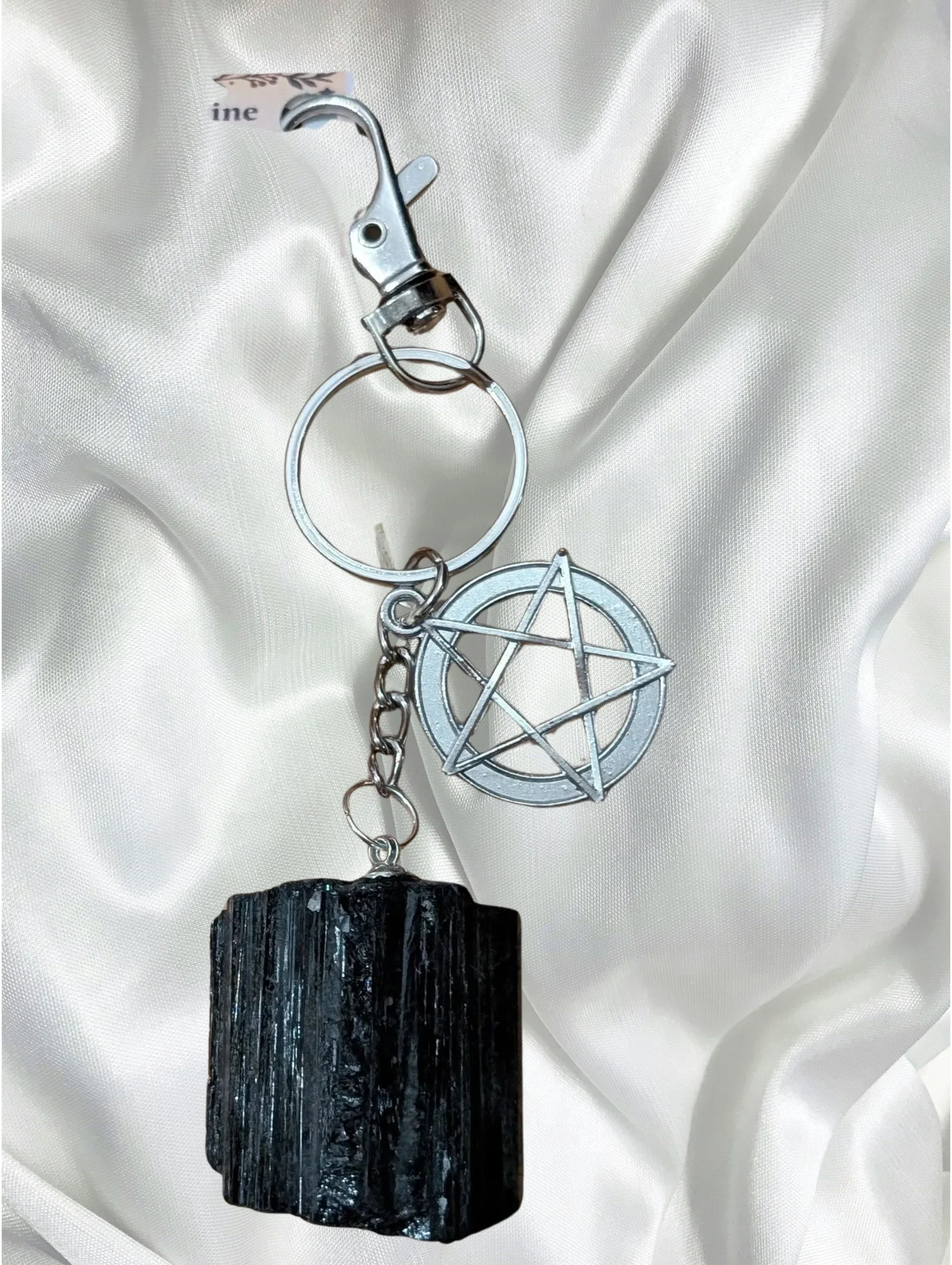 Raw Black Tourmaline Pentacle Keychain