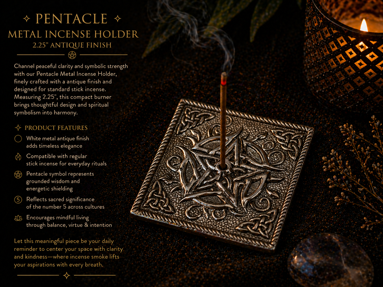 Pentacle Metal Incense Holder – Antique Finish (2.25")