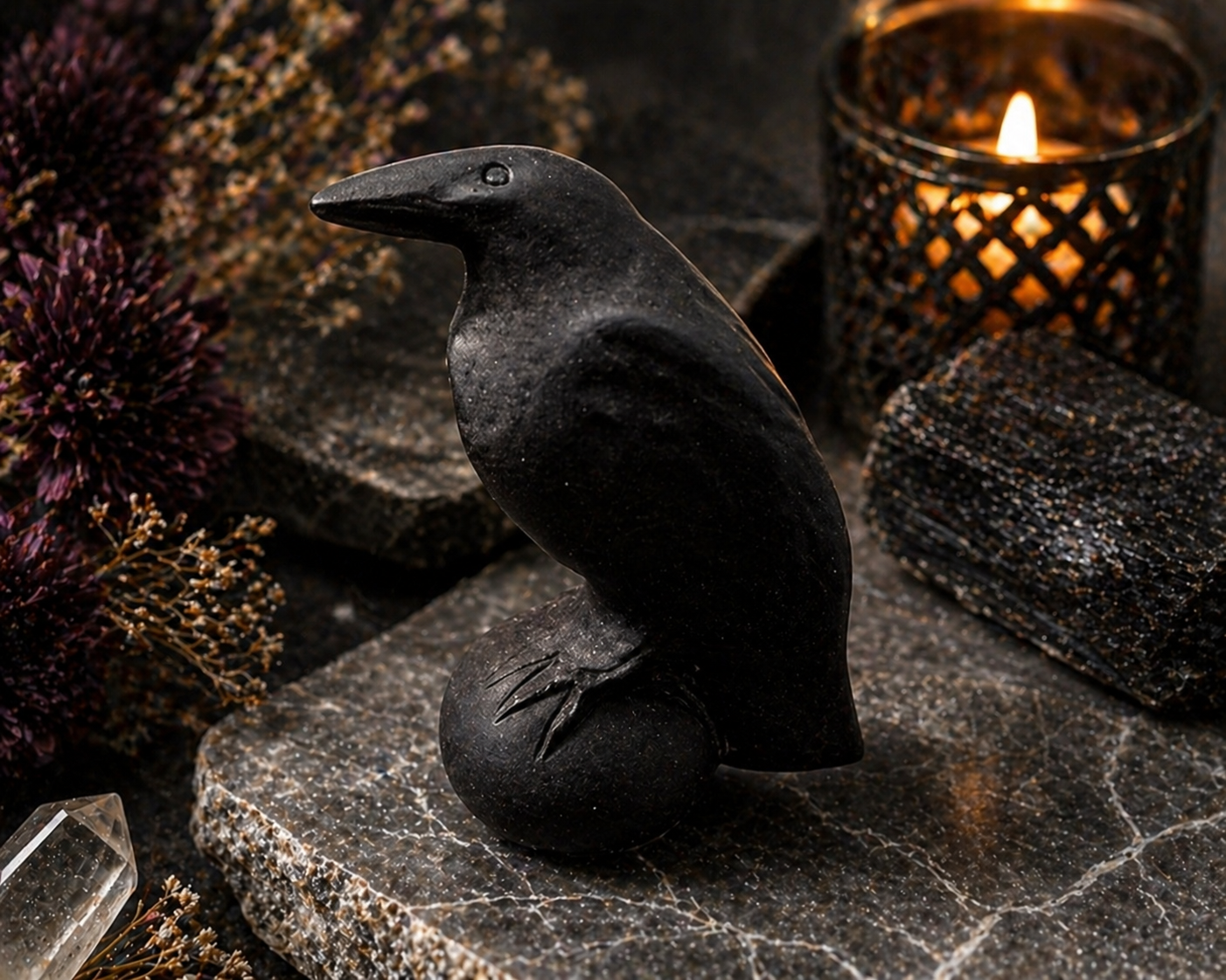 Obsidian Crow Carving Protection • Shadow Wisdom • Grounding