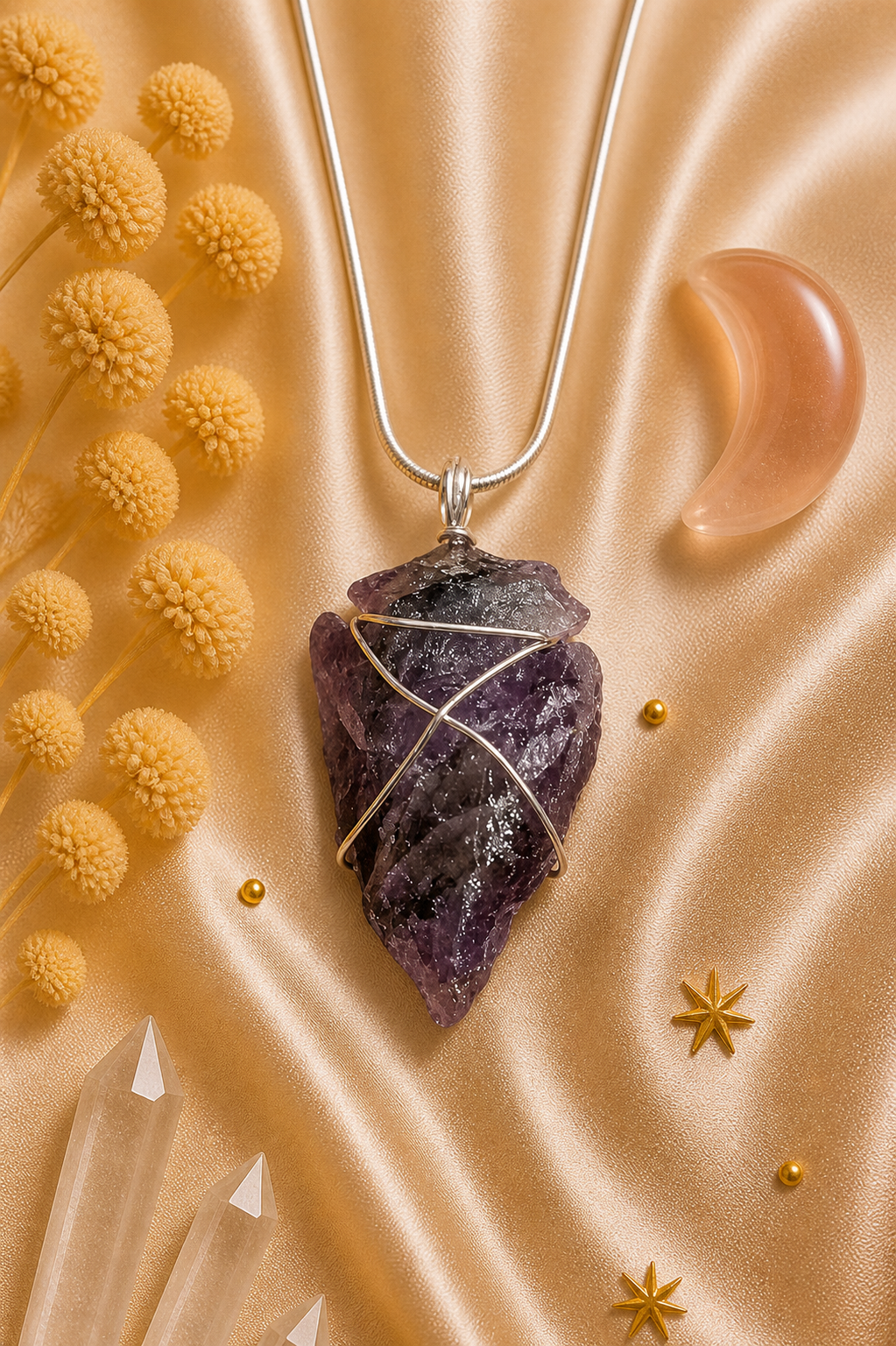Amethyst Wire-Wrapped Arrowhead Pendant Necklace - Intuition • Protection •