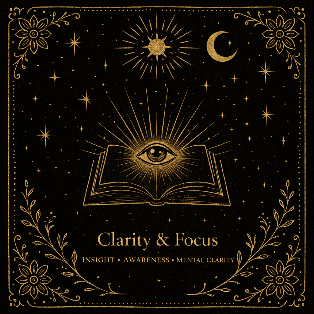 A decorative illustration with gold accents featuring an open book with an eye above it, surrounded by stars, a crescent moon, an ornate sun, and floral designs. The text reads "Clarity & Focus" with a subtitle mentioning insight, awareness, and mental clarity.