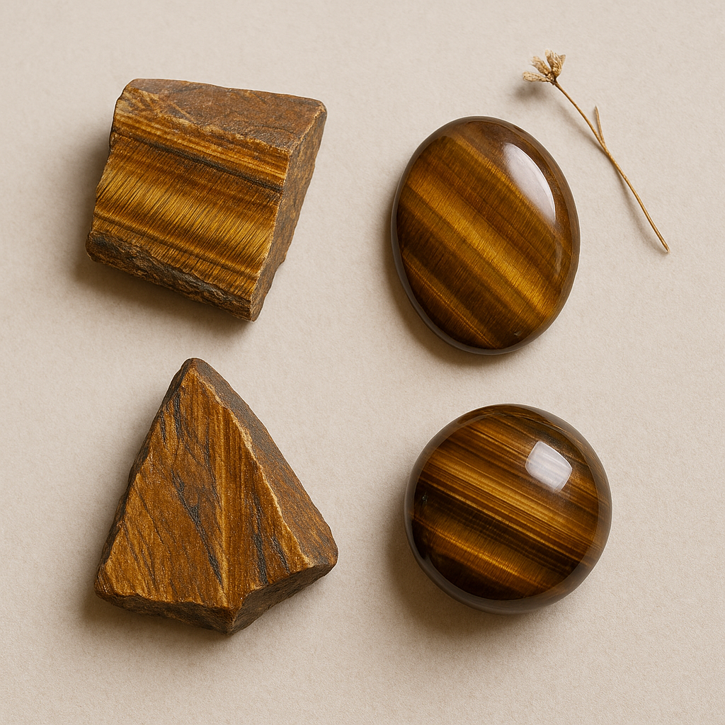 Two polished tiger's eye stones, two rough tiger's eye stones, and a dried small flower on a beige background.