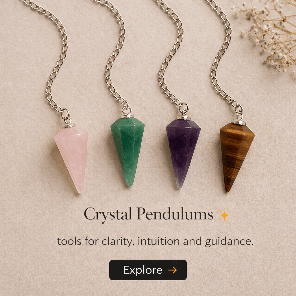Four crystal pendant necklaces with silver chains, in pink, green, purple, and brown colors, displayed on a beige background with a small cluster of dried flowers in the top right corner.