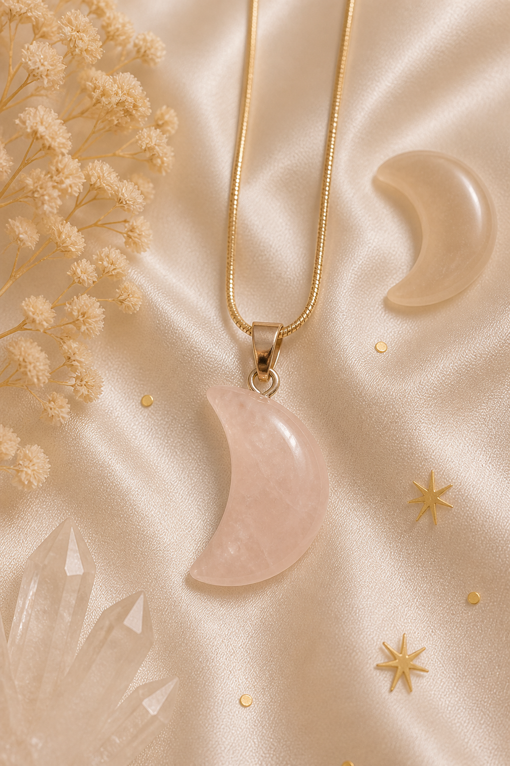 Rose Quartz Crescent Moon Pendant Necklace  ✨ Love • Emotional Balance • Gentle Renewal