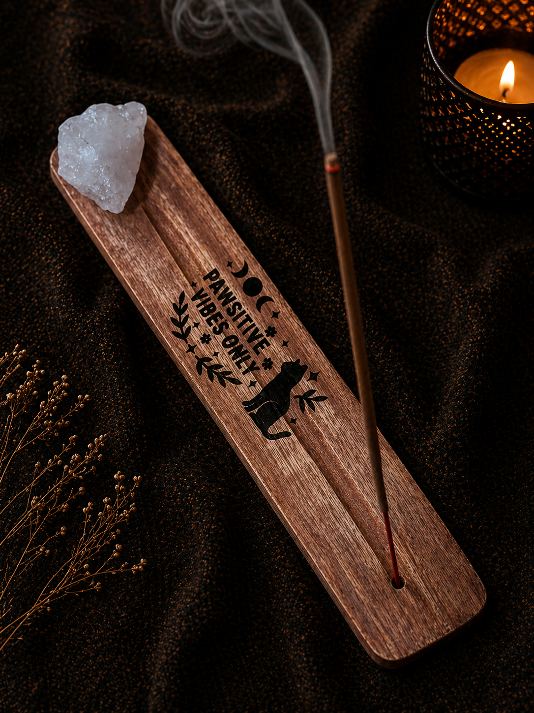 Cat Incense Holder with Rose Quartz – Pawsitive Vibes Only Wood Burner
