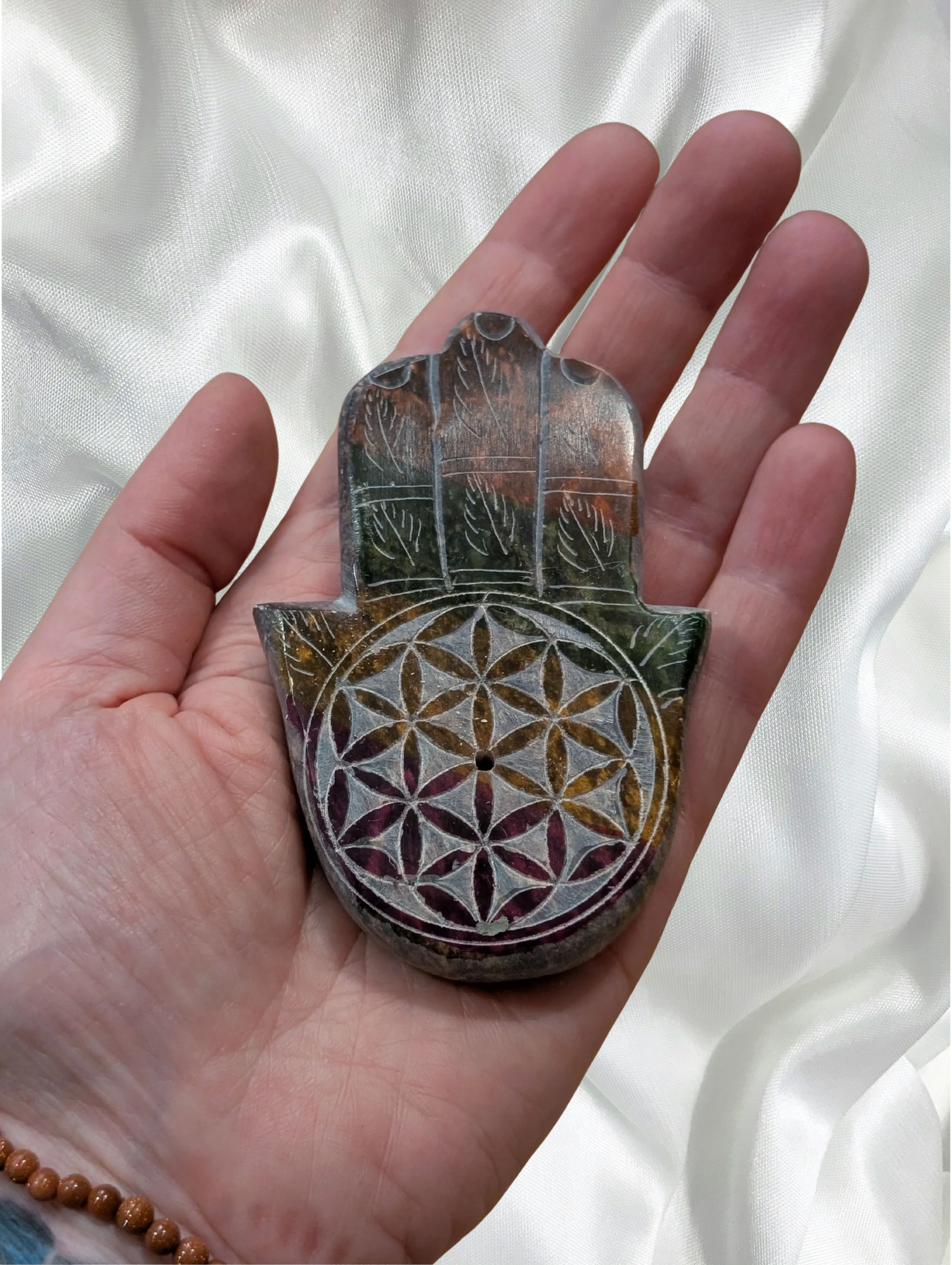 Hamsa Flower of Life Soapstone Incense Burner