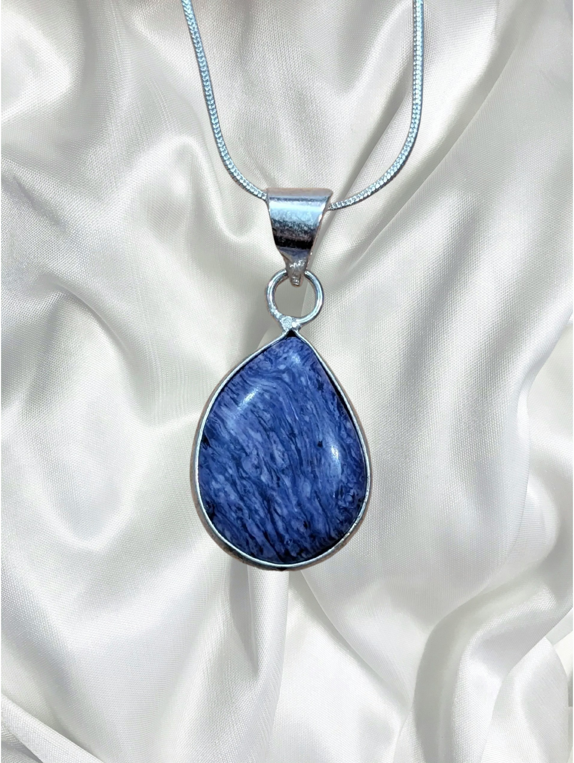 Charoite Teardrop Sterling Silver Pendant – Chain Included