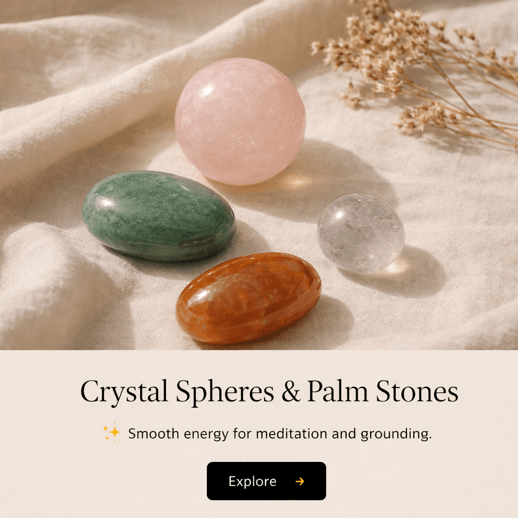 A collection of colorful crystal spheres and palm stones placed on a soft cream-colored fabric background, with dried flowers in the upper right corner. The crystals include a pink sphere, a green stone, a clear sphere, and an orange stone. Text over