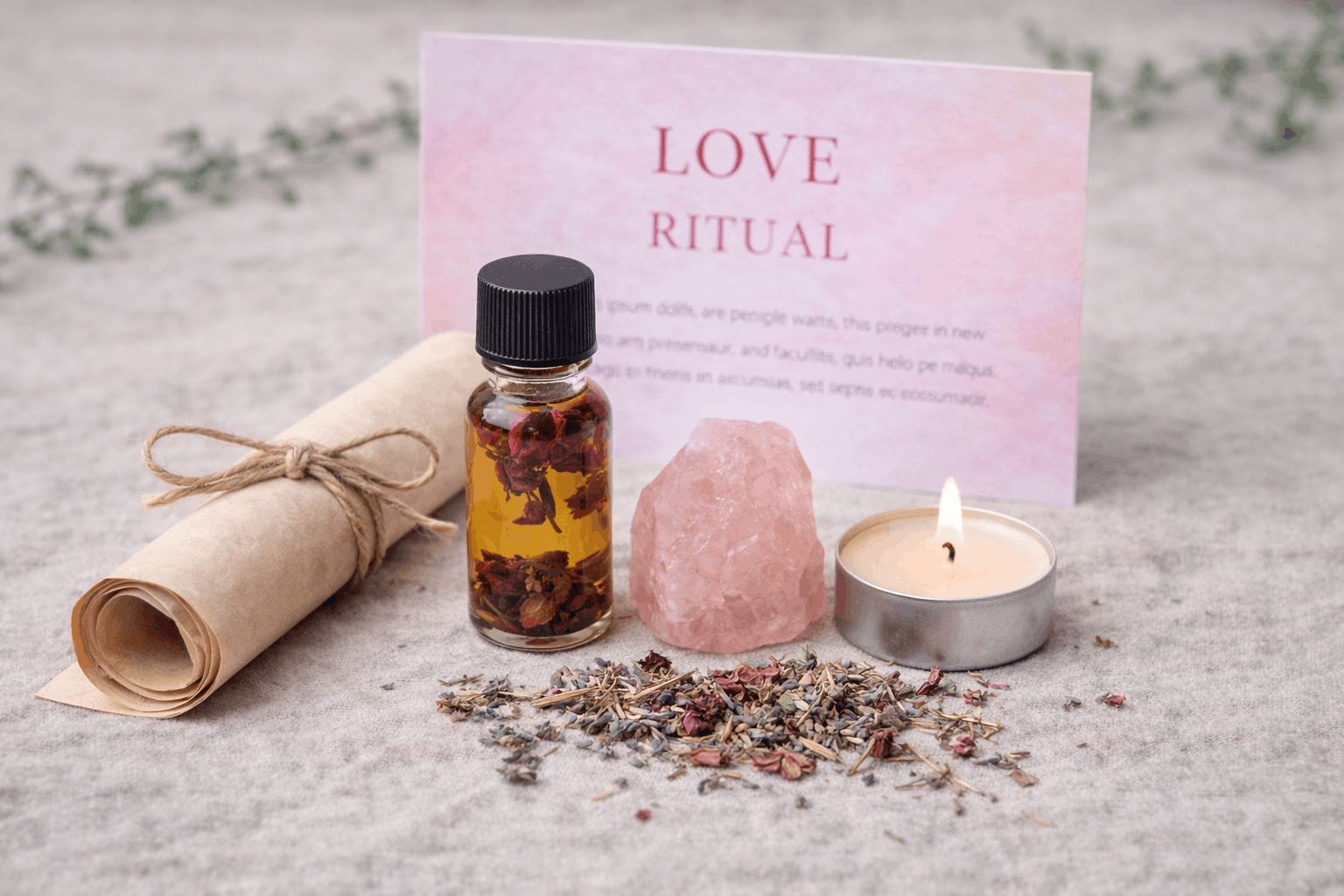 A set of love ritual items including a rolled parchment tied with string, a bottle of essential oil with dried flowers inside, a pink salt rock, a lit candle, and a card with 'LOVE RITUAL' written on it, arranged on a textured surface.