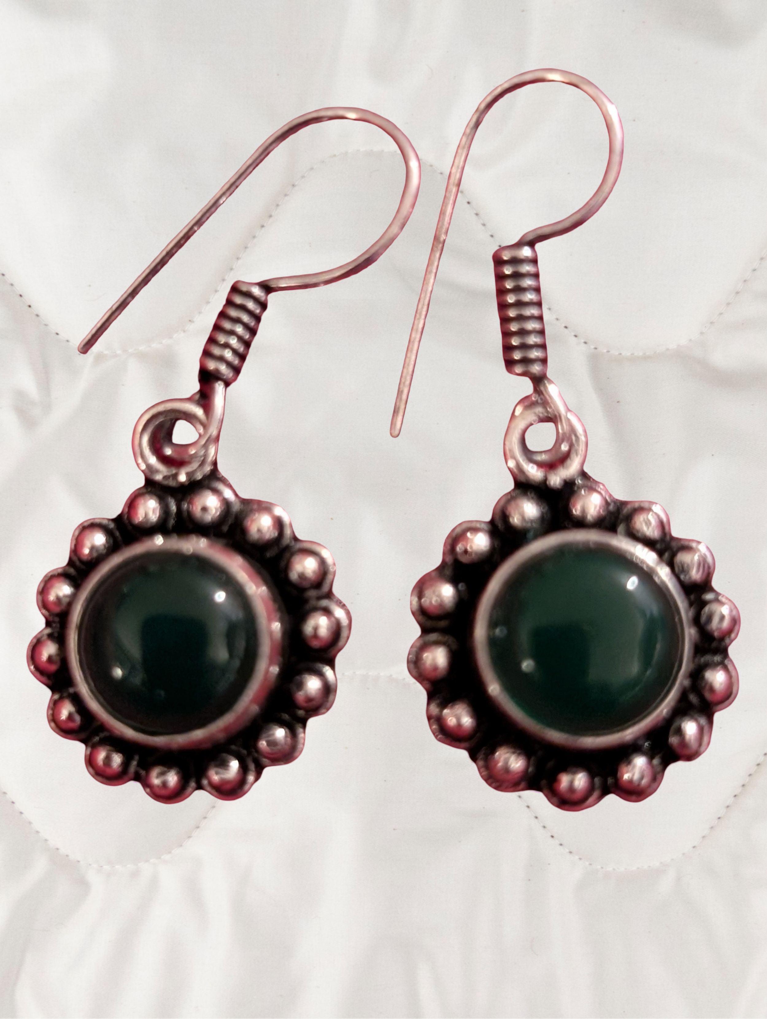 Jade Beaded Round Silver Earrings 💚
