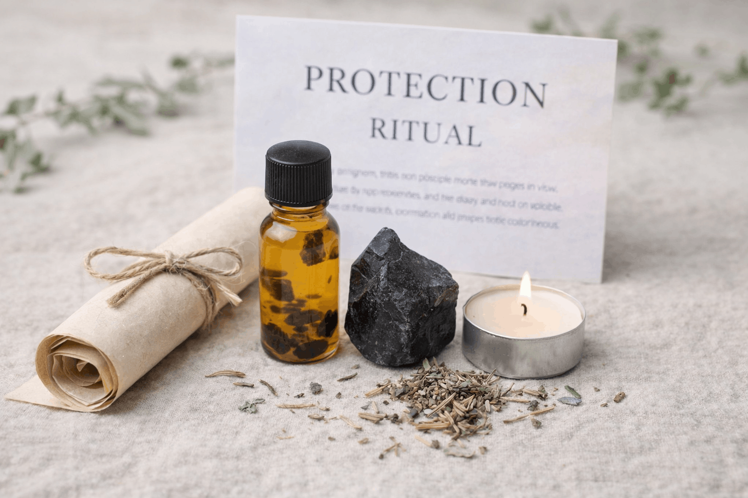 A collection of items for a protection ritual, including a rolled scroll tied with string, a small bottle of essential oil with herbs inside, a piece of black volcanic rock, a pile of dried herbs or plants, a lit candle, and a printed sign that reads 'Protection Ritual,' all arranged on a light-colored surface.