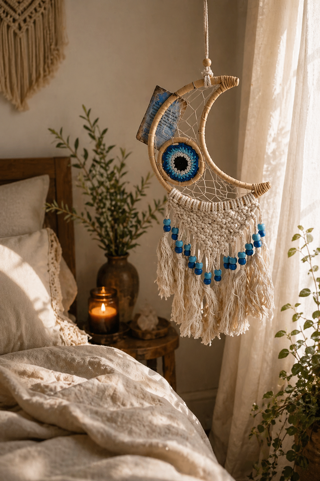 🌙 Evil Eye Moon Dreamcatcher – Calm & Protective Wall Decor