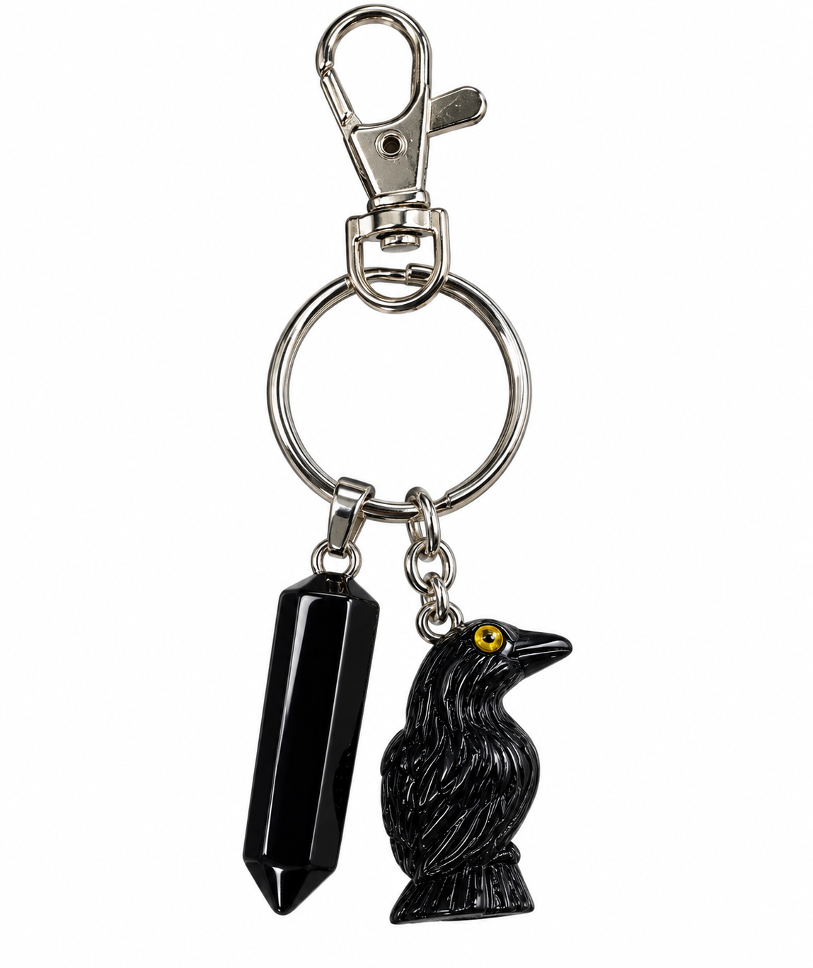 Crow Keychain & Bag Charm with Black Obsidian Pendant