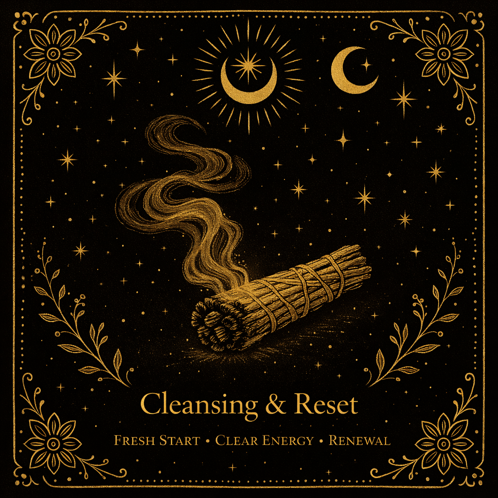 An illustration with a black background and gold accents, showing a bundle of sage with smoke rising from it, surrounded by stars, crescent moons, and decorative floral borders. Includes text reading 'Cleansing & Reset' and smaller text saying 'Fresh Start, Clear Energy, Renewal'.