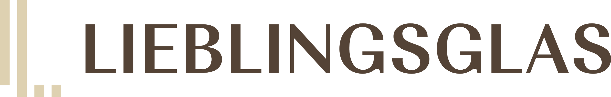 Logo mit dem Wort 'Lieblingsglas' in brauner Schrift und vertikalen beigen Linien links.